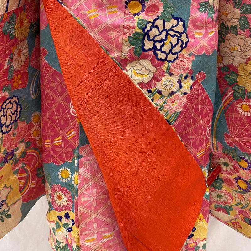 510ag48◎七五三 七歳 女児 アンティーク着物&丸帯 総柄 濃い水色◎