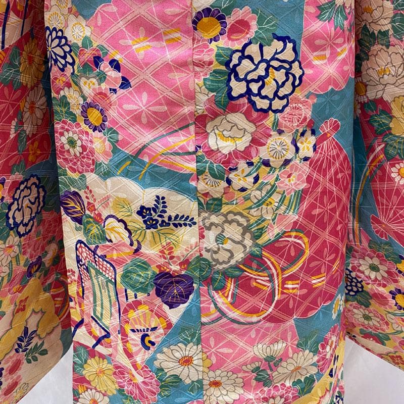 510ag48◎七五三 七歳 女児 アンティーク着物&丸帯 総柄 濃い水色◎