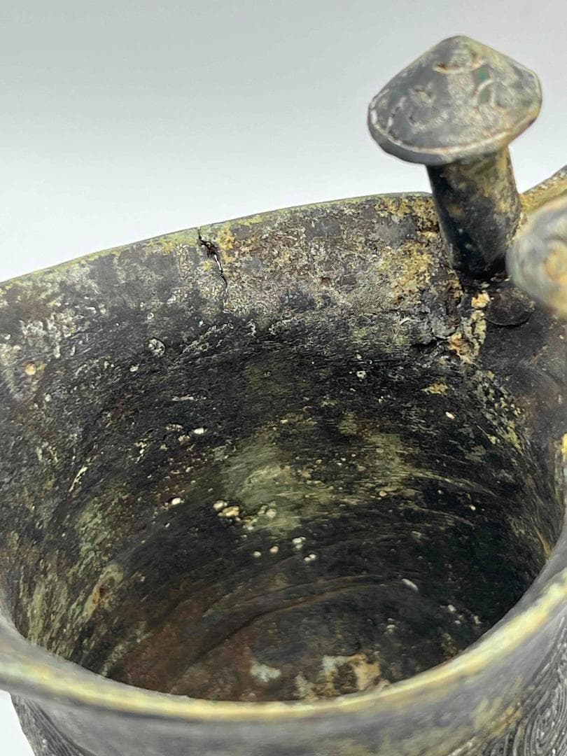 中国古美術 戦国から漢時代 青銅 ブロンズ 三足爵盃 酒具 極