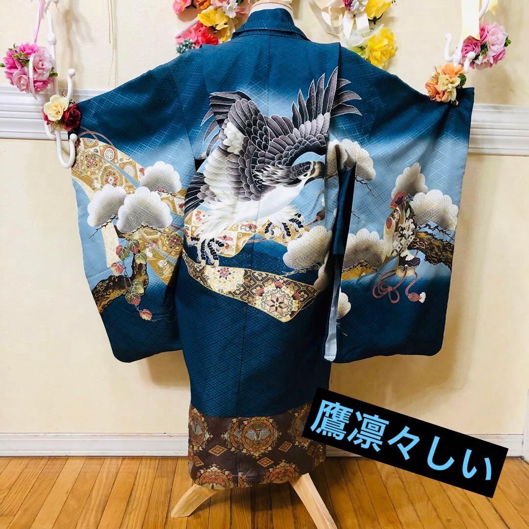 七五三五歳フルセット‼️Blue暈し⭐︎鷹凛々しい⭐︎金蘭袴煌びやか極めてる⭐︎逸品