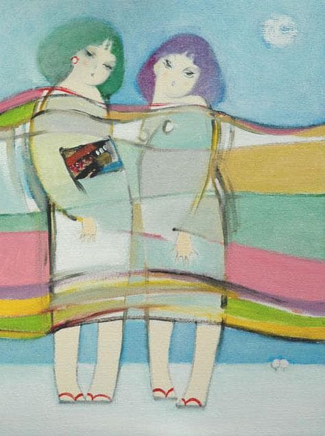 油絵 菅家令子 絵 絵画インテリア額付(青緑＋金色の枠)F6-083711 子供