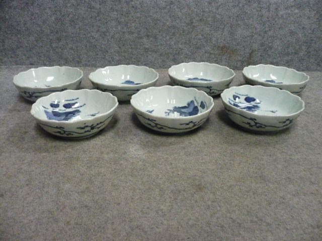 成化年製 伊万里 海辺に帆掛舟 染付 なます皿 7枚 [B31344]