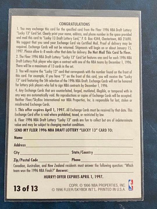 その他 Fleer Kobe Rookie Lucky 13 Redemption