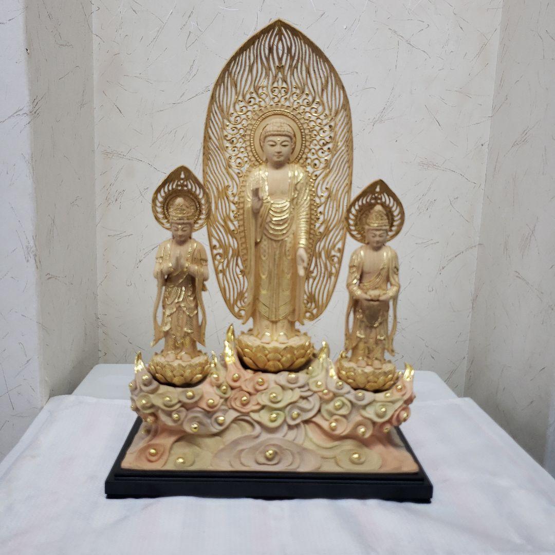 Ｂフライデー　仏像★伽耶材 阿弥陀如来三尊像6寸立★観音菩薩・勢至菩薩淡彩色錐金 Bフライデー 仏像☆伽耶材 阿弥陀如来三尊像6寸立☆観音菩薩・勢至
