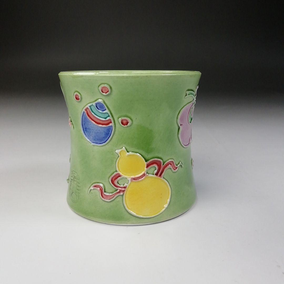 T685 蓋置 『淡緑交趾 宝尽し』『小松雅山 造』 共箱 茶道具