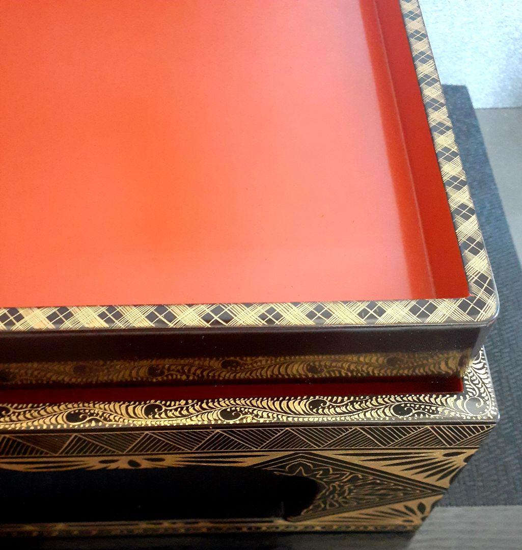 時代物】桐御紋桐箱入り 金蒔絵 花文様 四方高付膳 口縁