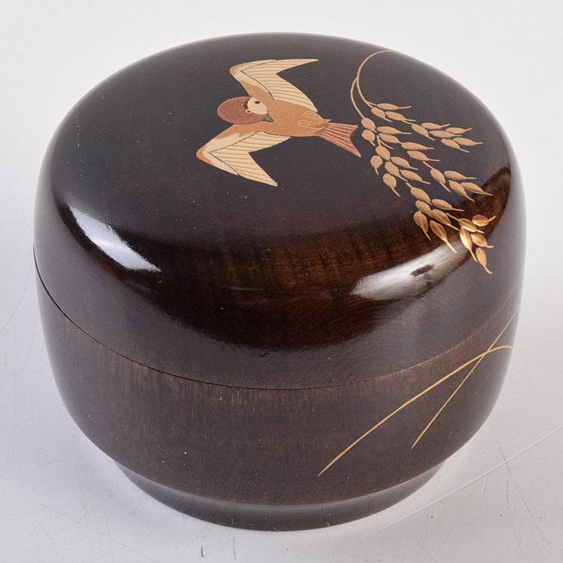 茶道具 山中塗 中村宗悦作 桜材 神代塗 稲穂雀蒔絵 丸香合 共