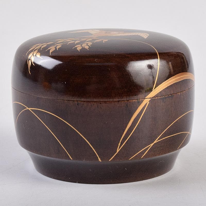 茶道具 山中塗 中村宗悦作 桜材 神代塗 稲穂雀蒔絵 丸香合 共箱 VR8978