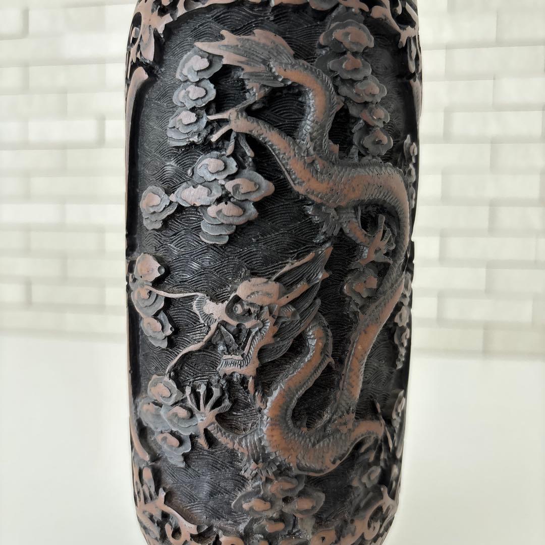 龍 花瓶 黒色花瓶 ドラゴン彫刻 一輪挿し アンティーク 縁起物骨董品