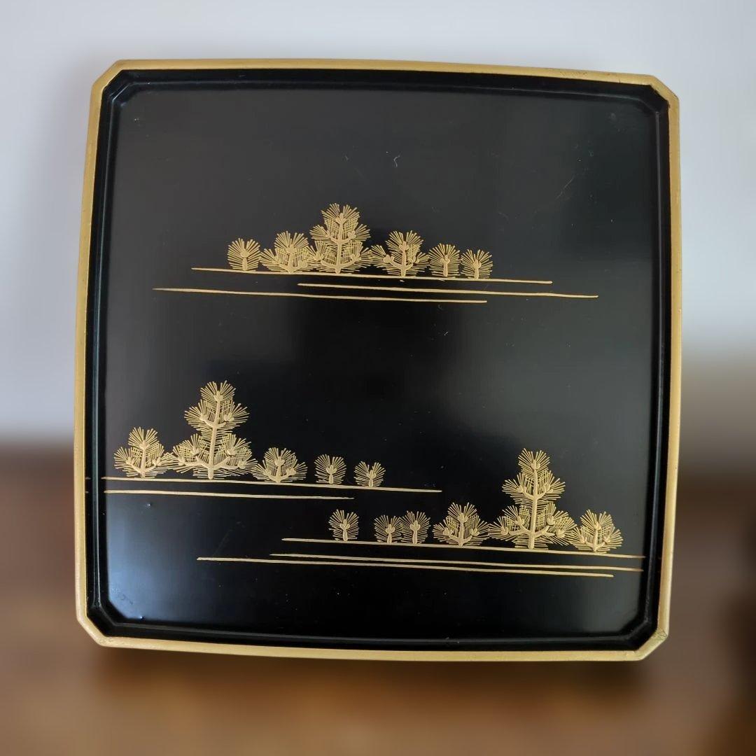 骨董　お膳　若松　蒔絵　角切　木製　漆器　脚付き　お盆　5枚