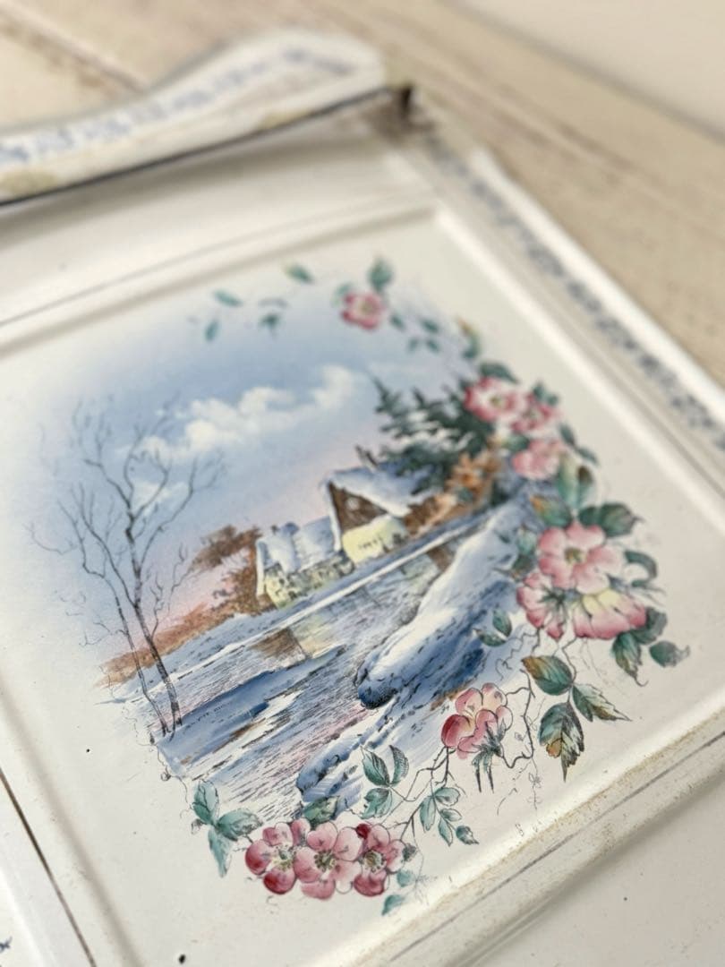 フランスアンティーク ホーローレードルラック花と風景の手描き絵