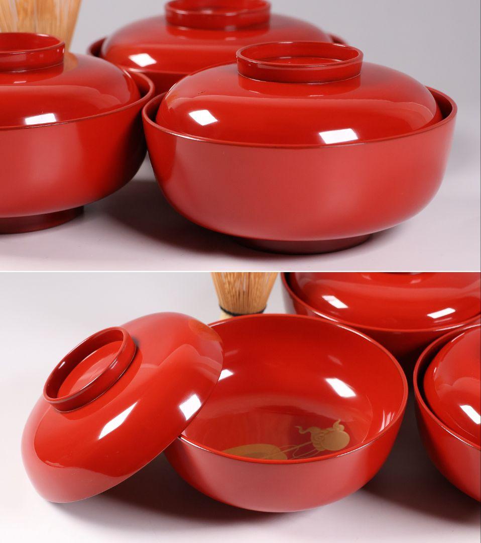 【CM361】輪島塗 宝尽くし金蒔絵 朱塗椀 三客 小槌 軍配 霊芝 木製漆器