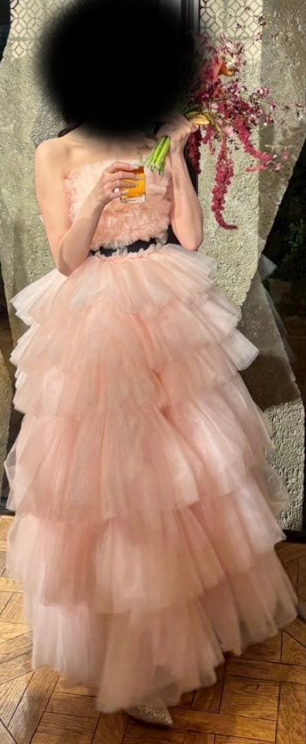 チュールカラードレス ペールピンク レース