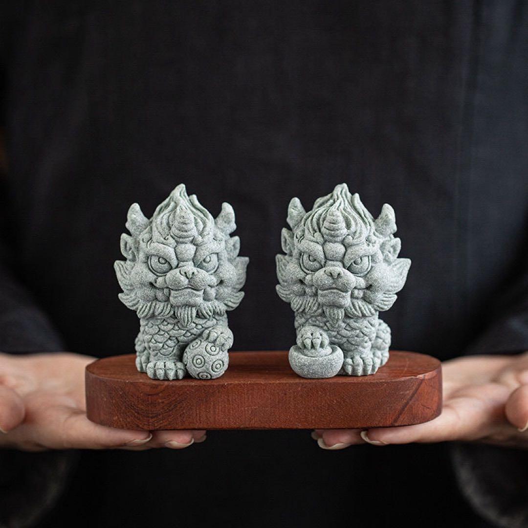 獅子像の石製置物 グレー2個