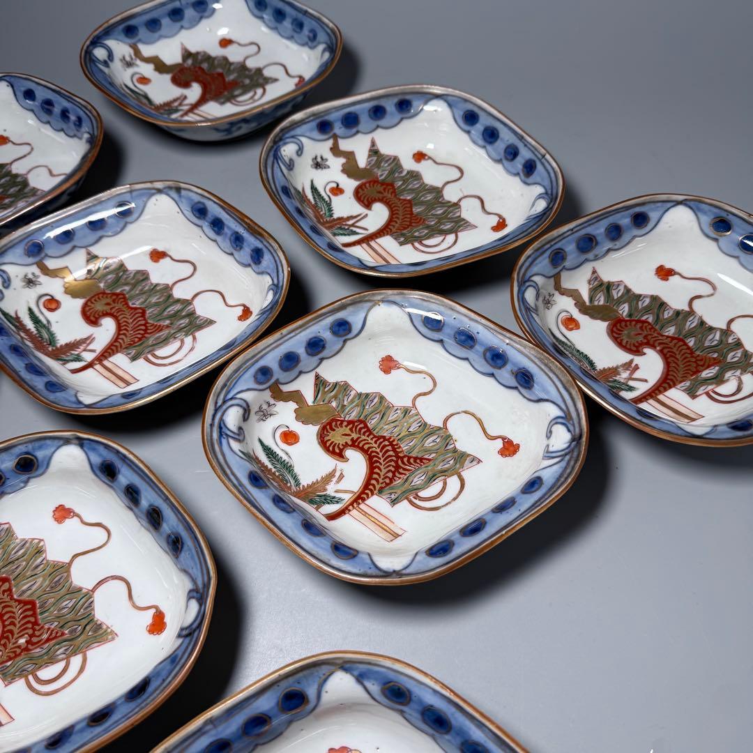 明治時代　色絵扇子文様菱形皿　10客　蝶　植物　古伊万里　アンティーク　食器