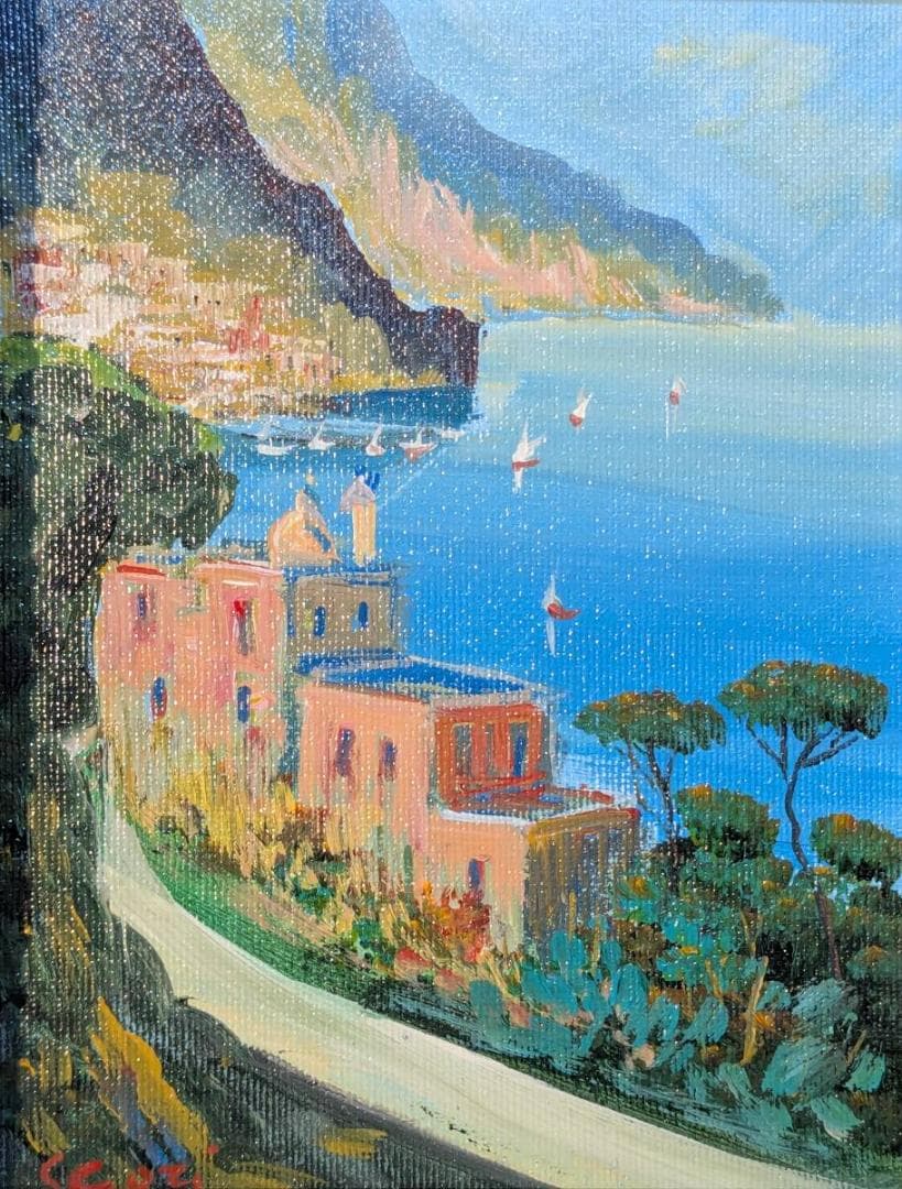 真作】絵画 油彩0号 地中海の風景画 青い海の見える街 W149 - メルカリ