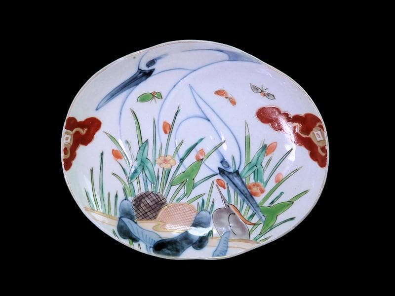 辻製　宮内庁御用達　色絵　双鷺に沢瀉の図　変形皿　５客　E943AS-fbrｍ