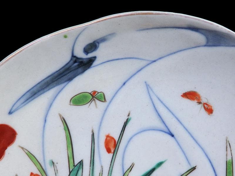 辻製　宮内庁御用達　色絵　双鷺に沢瀉の図　変形皿　５客　E943AS-fbrｍ