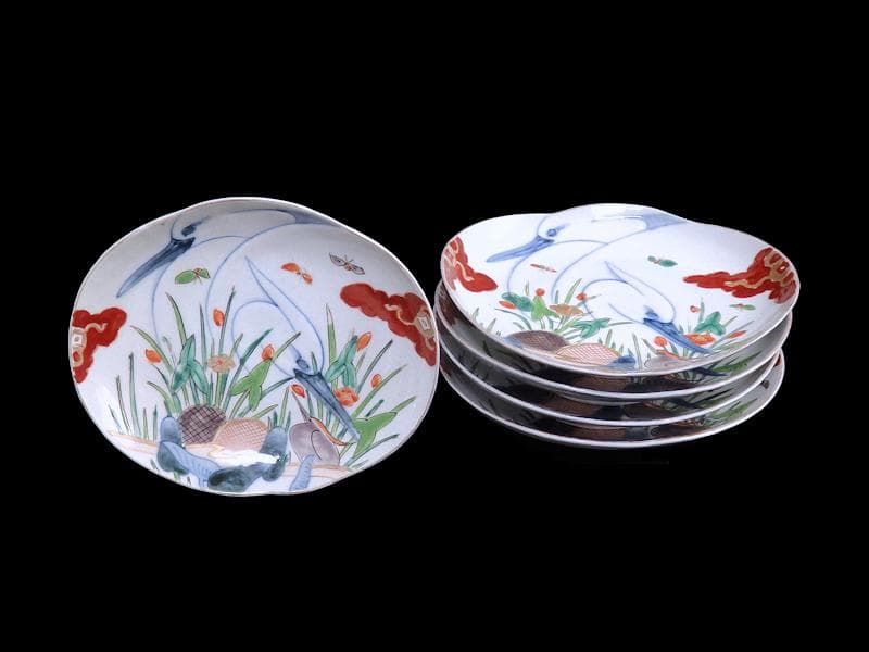 辻製　宮内庁御用達　色絵　双鷺に沢瀉の図　変形皿　５客　E943AS-fbrｍ