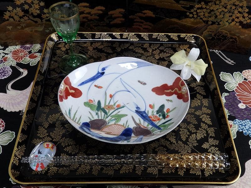 辻製　宮内庁御用達　色絵　双鷺に沢瀉の図　変形皿　５客　E943AS-fbrｍ