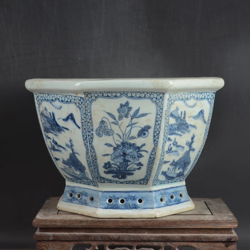 八方青花亭台楼高足鉢 景徳鎮 陶磁器 装飾品 現代工芸