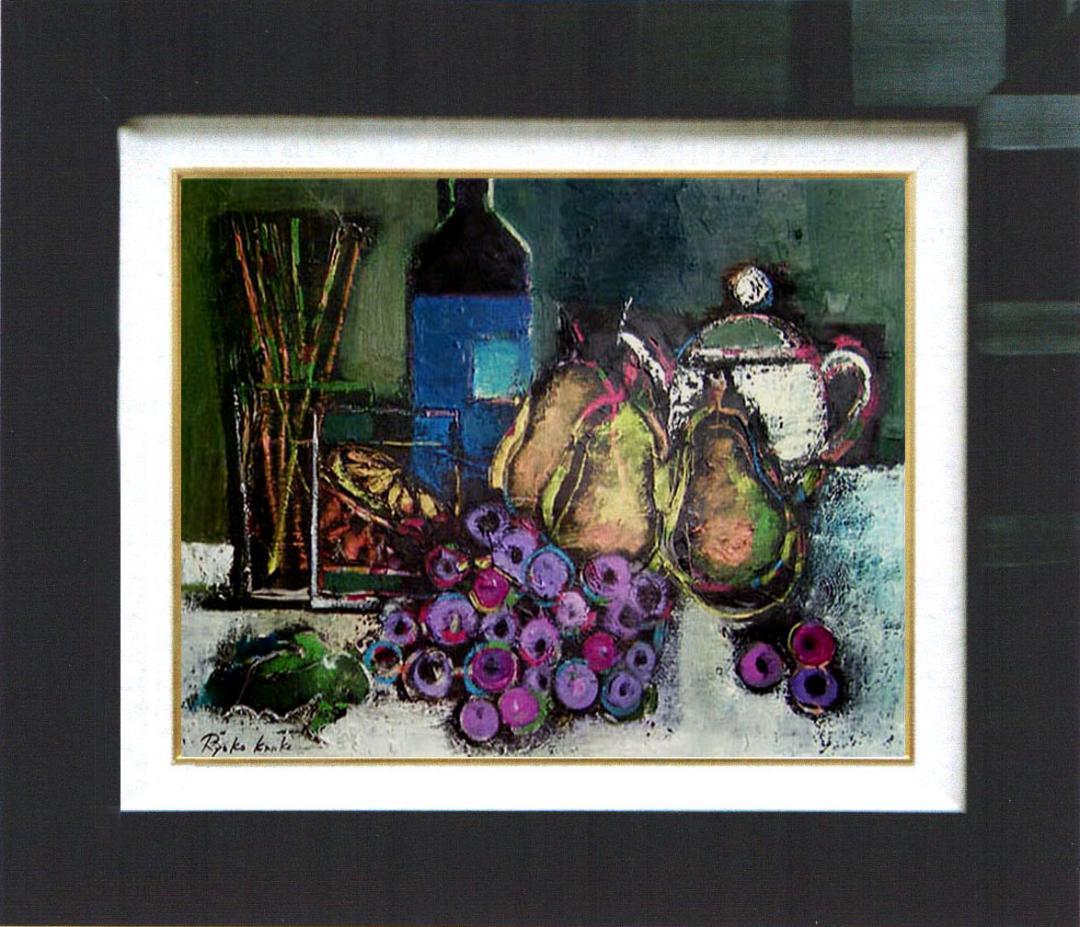 油絵 絵 絵画インテリア 額付(青緑＋金色の枠) uF6-061504 静物果物