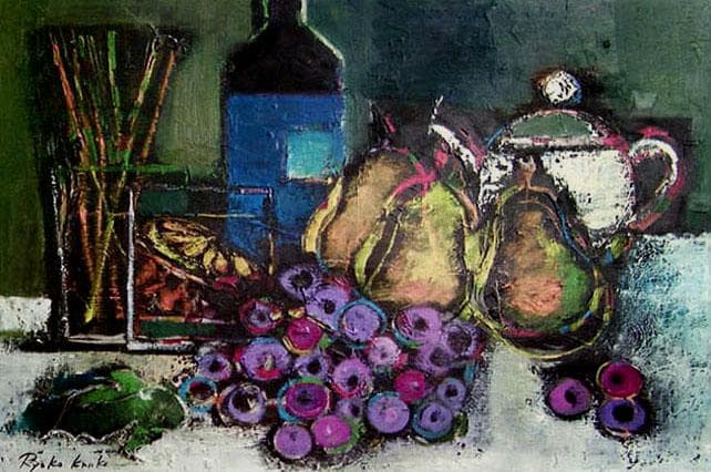 油絵 絵 絵画インテリア 額付(青緑＋金色の枠) uF6-061504 静物果物