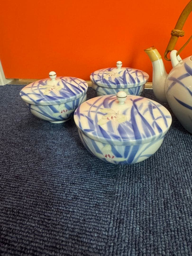 1702 深川製磁 菖蒲 茶器セット 急須1客 湯呑蓋付3客