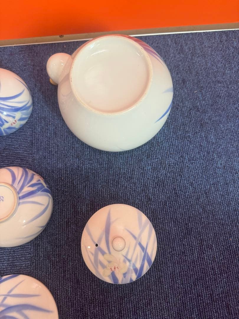 1702 深川製磁 菖蒲 茶器セット 急須1客 湯呑蓋付3客