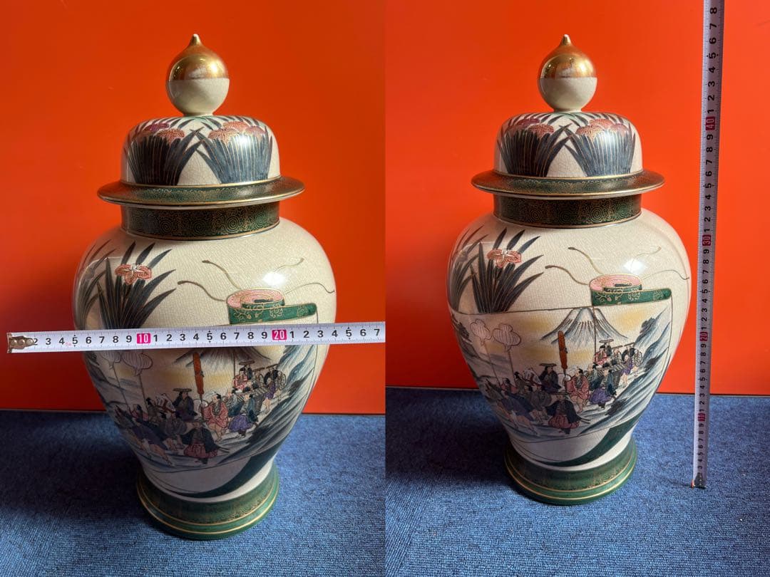 1329  薩摩焼　色絵金彩人物風景図　沈香壺　時代物　骨董