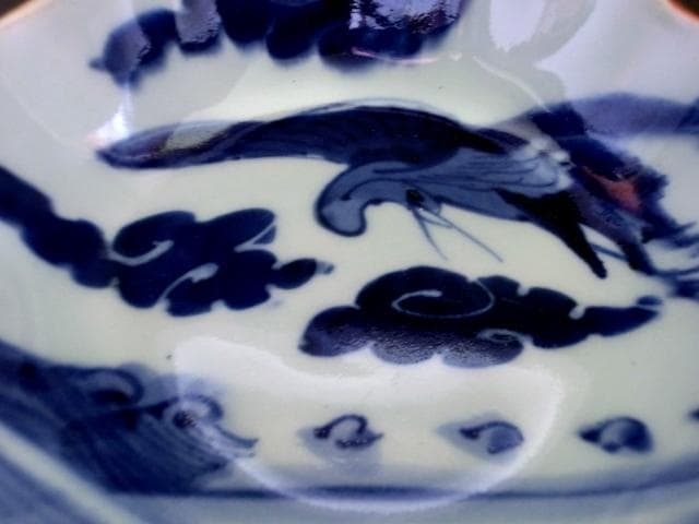 皿□古伊万里染付なます皿 19客 鶴 雲 鳥 蛇の目高台 古い膾皿 骨董品