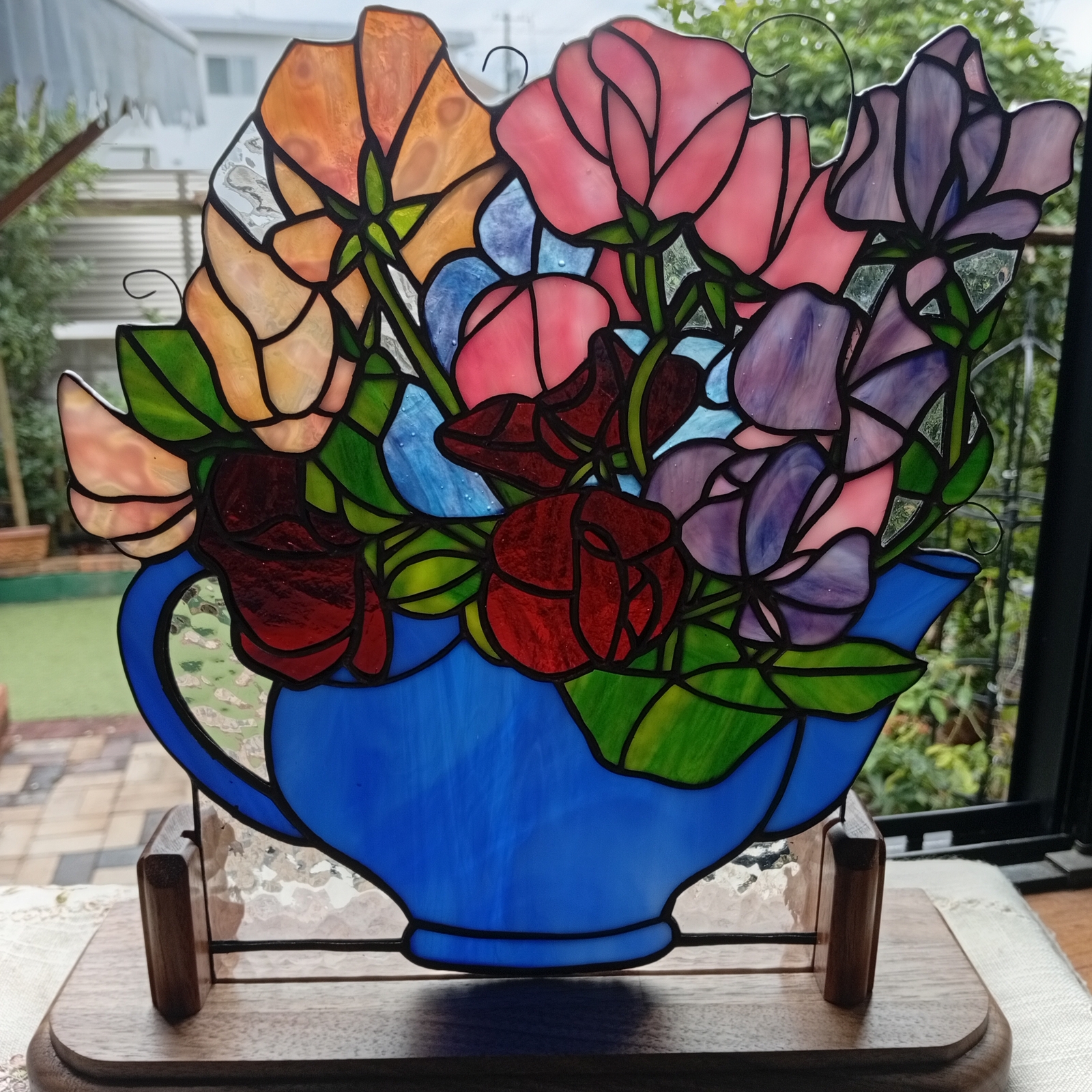 特大サイズ ステンドグラス ピンクローズのパネル(スタンド付)65.3