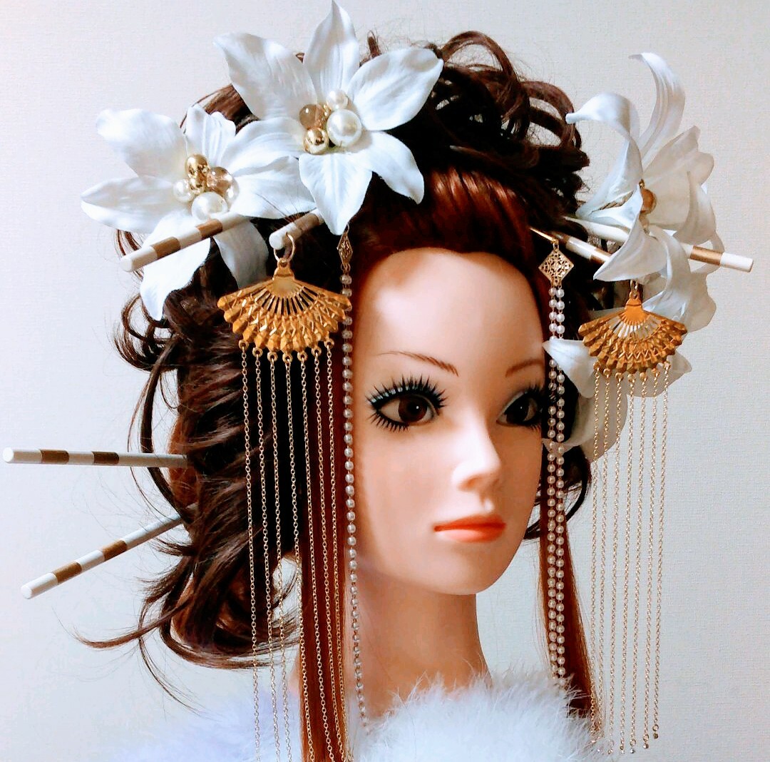 髪飾りViVi～白黒赤金・簪&扇子付き和飾り～成人式 結婚式 花魁 かんざし