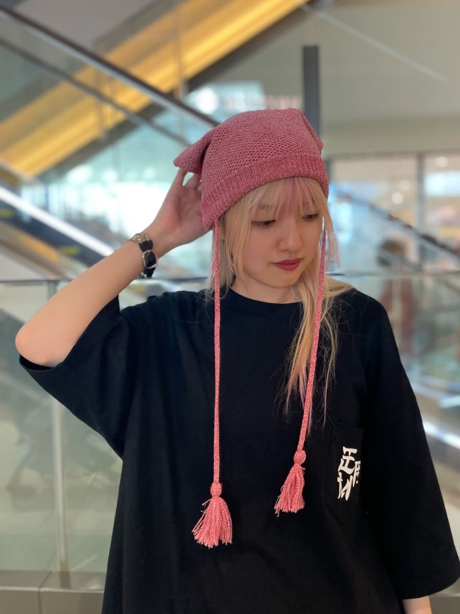 韓国 MLB korea 猫耳 ニット帽 紐付き ブラック MLB（ニット帽