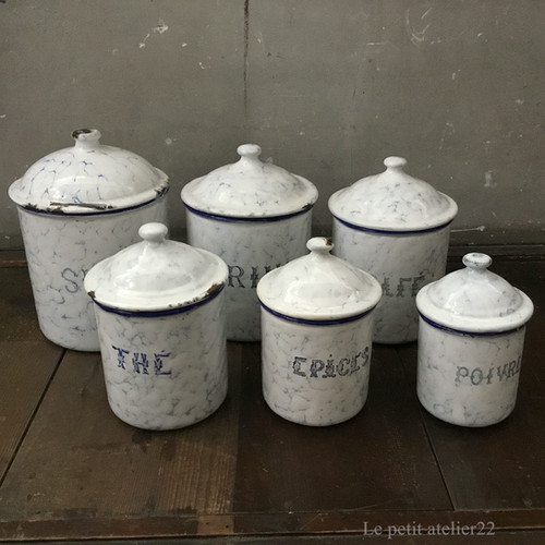6個セット) フランス アンティーク ホーロー キャニスター 青 マーブル