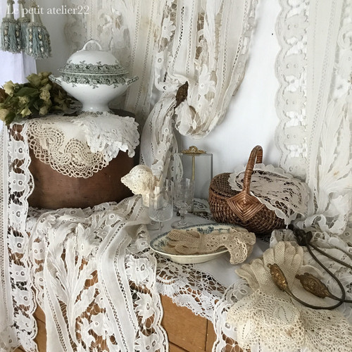 在庫4) フランス アンティーク カーテン ライトエクリュ 19世紀 55 x