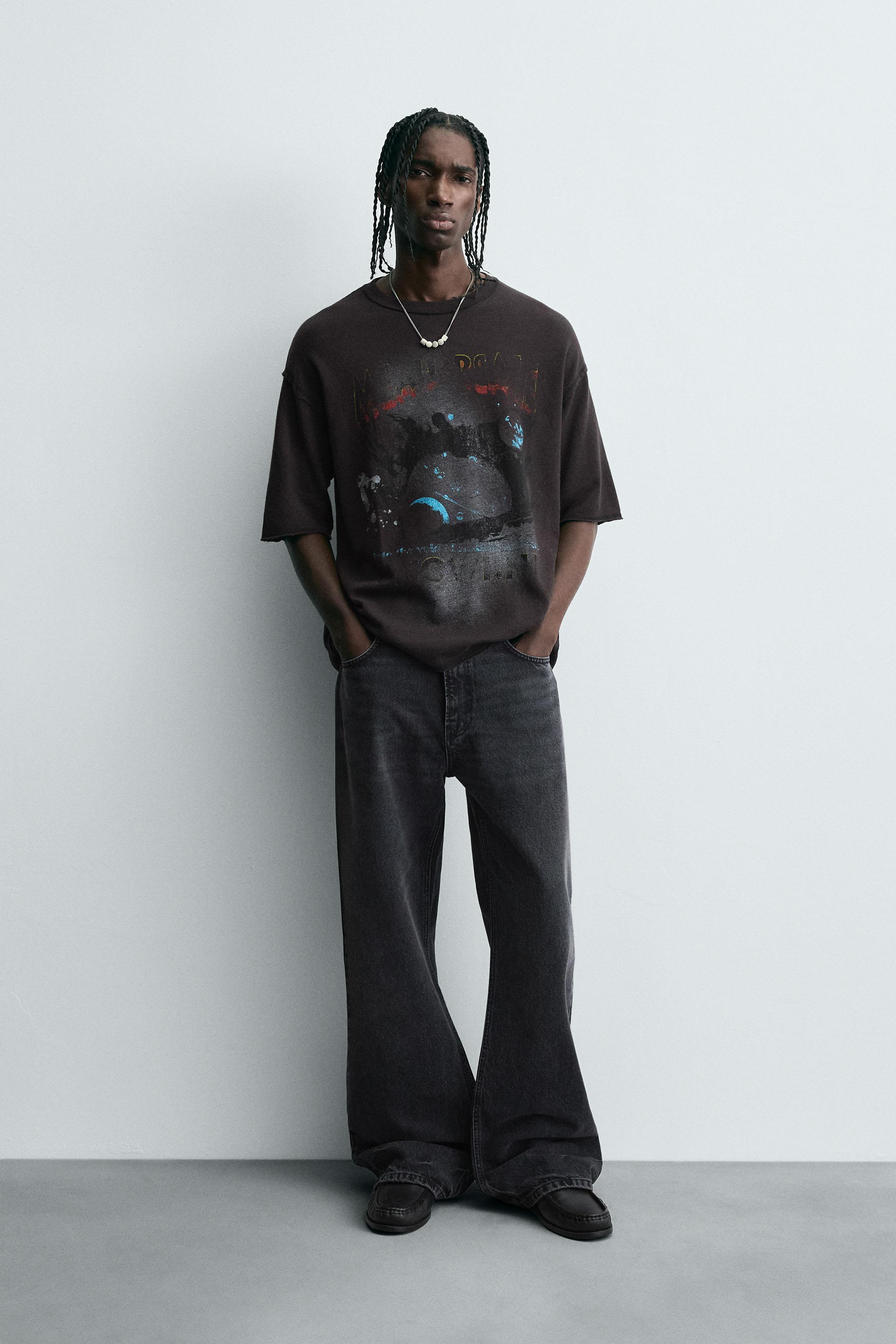 ウォッシュドプリントニットTシャツ - ブラック | ZARA Japan / 日本