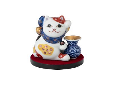 源右衛門窯 染錦結び梅地紋 猫置物 / げんえもんがま 染錦結び梅地紋