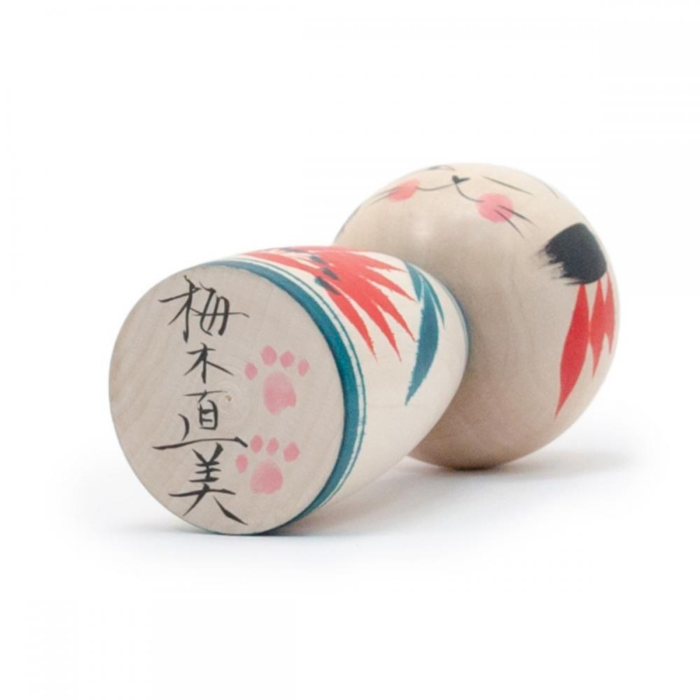 蔵王高湯系 創作こけし ネコこけし 3寸 約9cm 緑 ウインク 梅木直美作