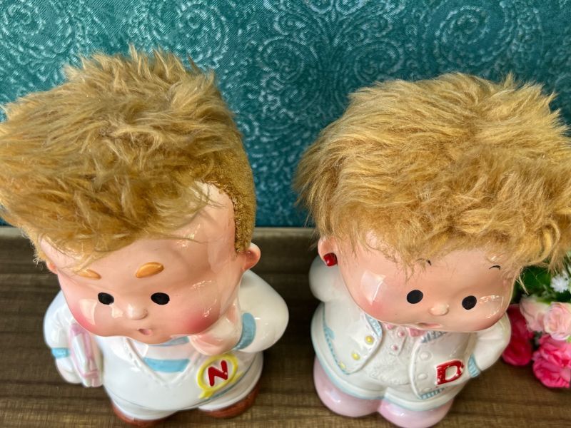 加藤工芸 陶器貯金箱 IVYちゃんバンク Dの子 Nの子 ペアセット vintageUSED